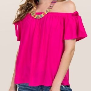 NWOT Blue Rain off-shoulder pink top with bows